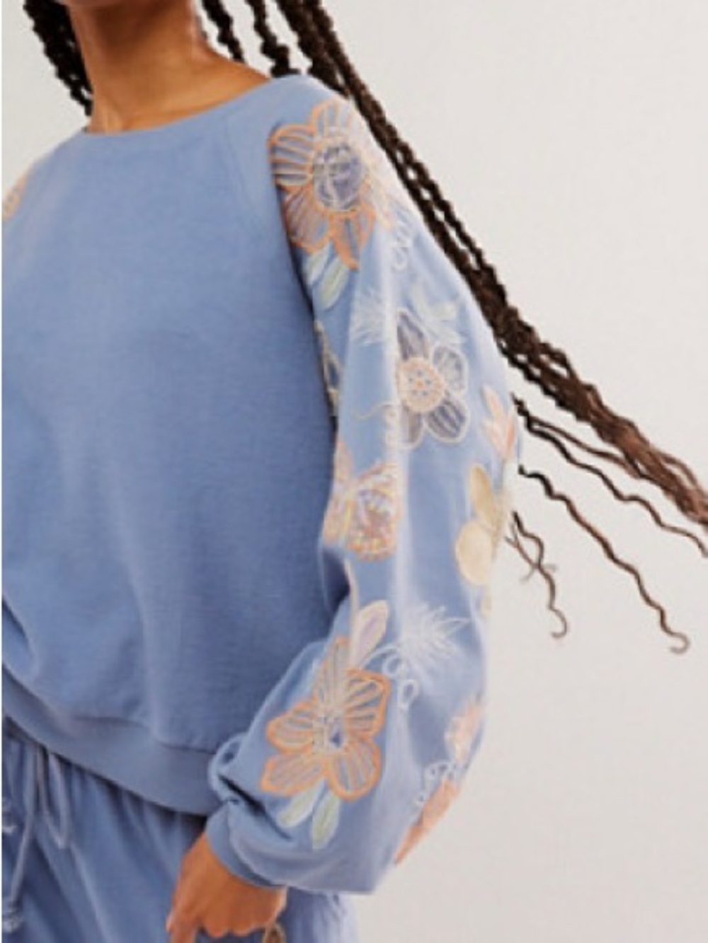 Free People Light Blue Embroidered Balloon Sleeve Sweatshirt